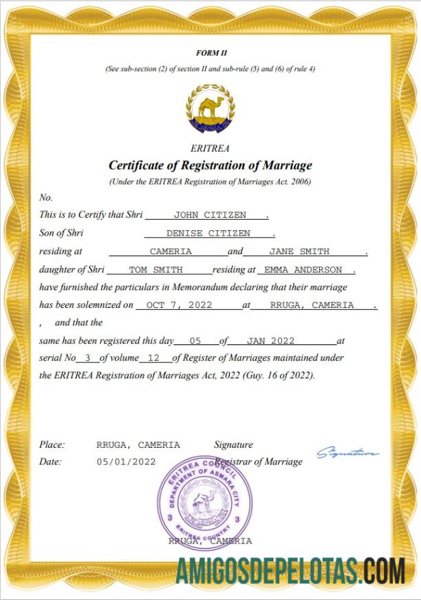 Realista modelo Word e PDF de certidão de casamento da Eritreia